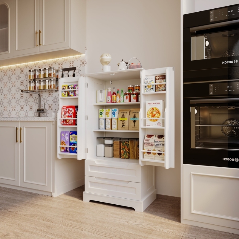 Pantry Cabinet featuring an Integrated Countertop and Shaker Doors