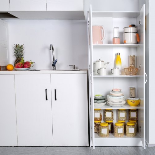 Pantry Cabinet featuring Microwave Nook and Glass Upper Cabinet