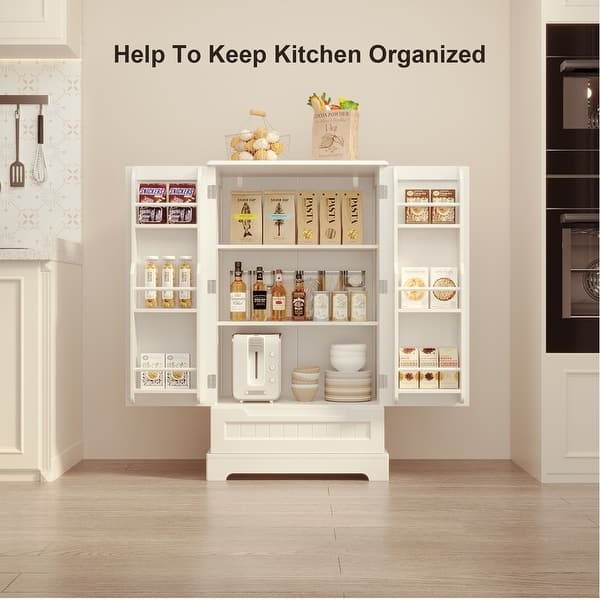 Pantry Cabinet Glass Front Doors Center Drawers White Finish
