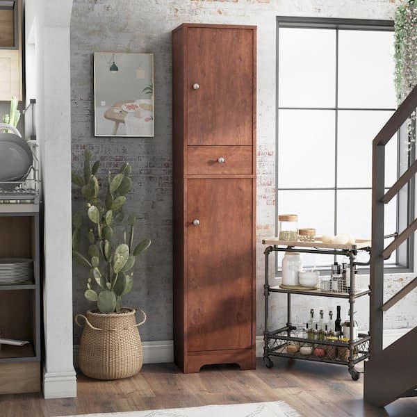 Pantry Cabinet Glass Paneled Upper Doors Vintage Walnut Drawer