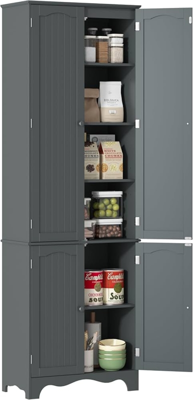Pantry Cabinet Gray Finish Central Drawers Shaker Panels Tall Storage