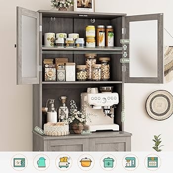 Pantry Cabinet Hutch in Ash Grey Finish with Microwave Compartment