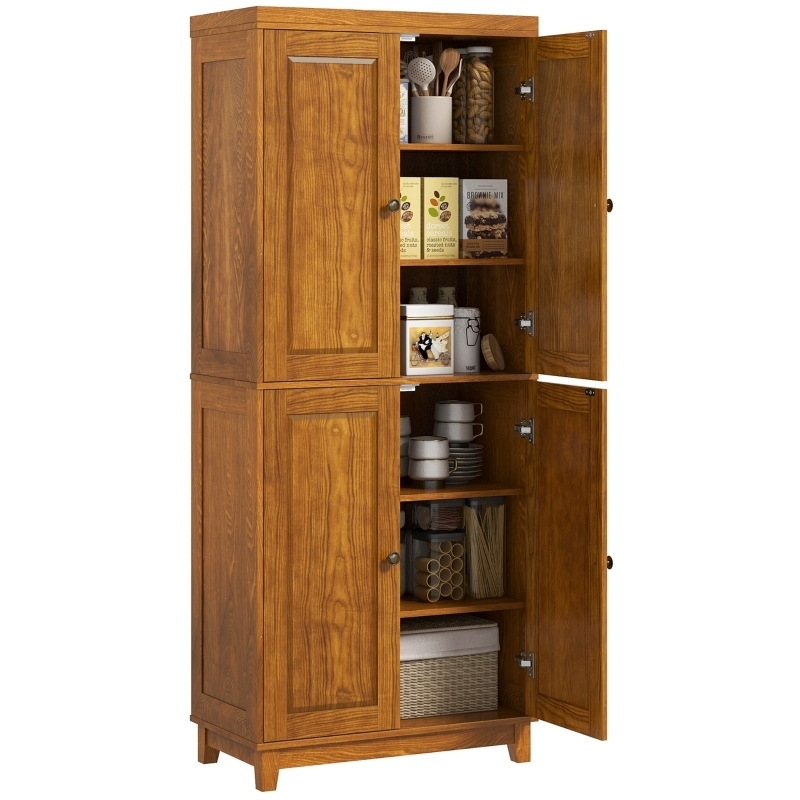 Pantry Cabinet Mahogany Finish Crown Molding 4-Door Design Farmhouse