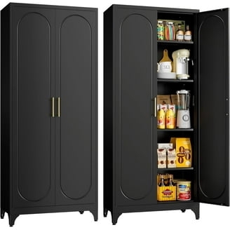 Pantry Cabinet Matte Black Finish Gold Handles Four Doors Sleek.