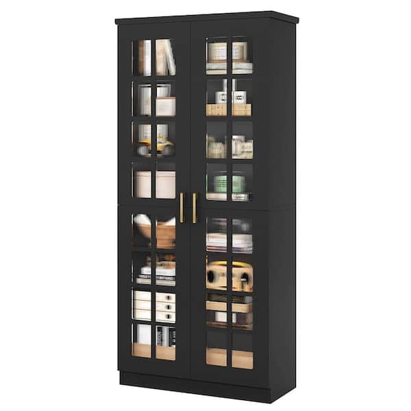 Pantry Cabinet Matte Black Four-Door Arch Motif Modern Storage