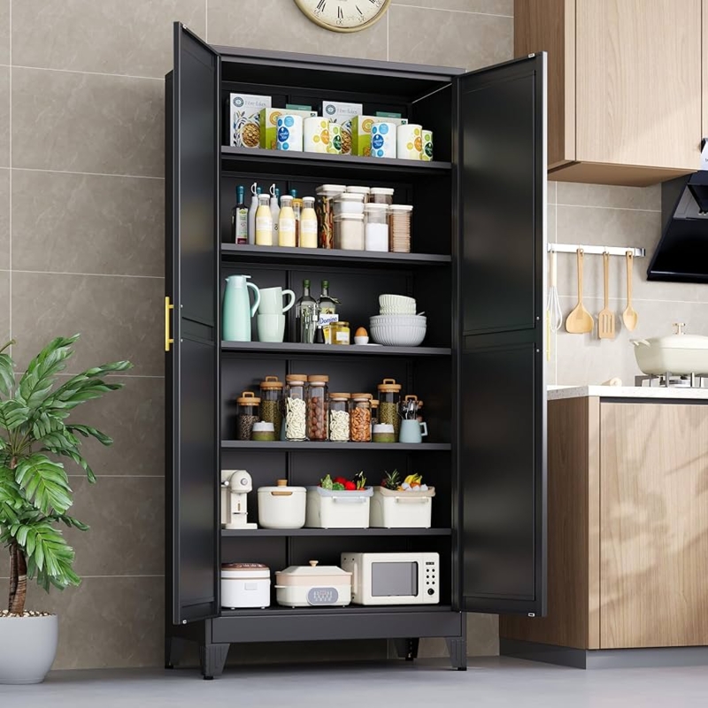 Pantry Cabinet, Matte Black Four-Door Shaker Style with Gold Hardware