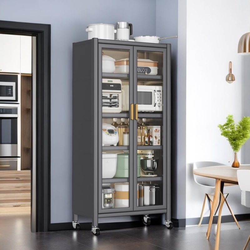 Pantry Cabinet, Matte Black Metal, Fluted Glass Doors and Castor Wheels