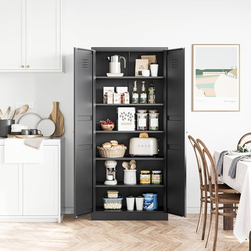 Pantry Cabinet Metal Matte Black Finish with Slim Vertical Pulls