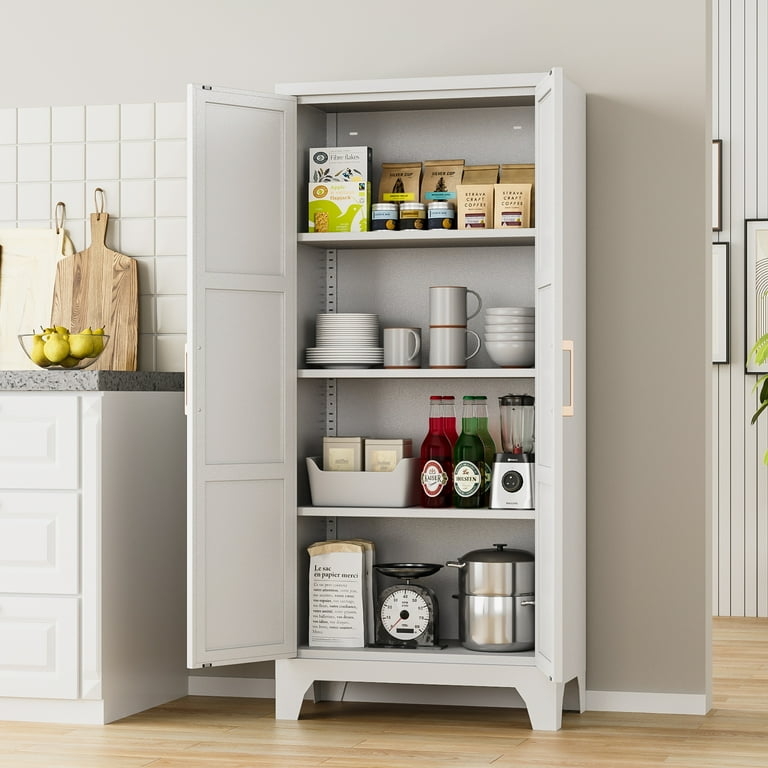 Pantry Cabinet, Minimalist White Metal, Recessed Handles, Leveling Feet