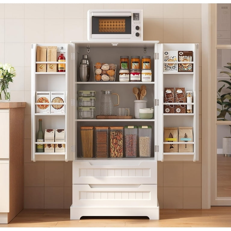 Pantry Cabinet: Modern Farmhouse White Storage with Gold Hardware