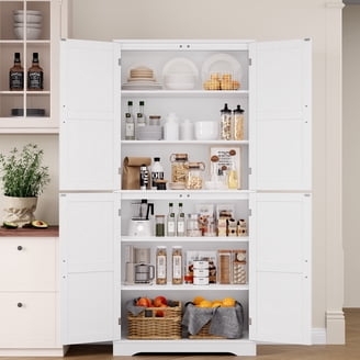 Pantry Cabinet Modern White Four Door Silver Handles
