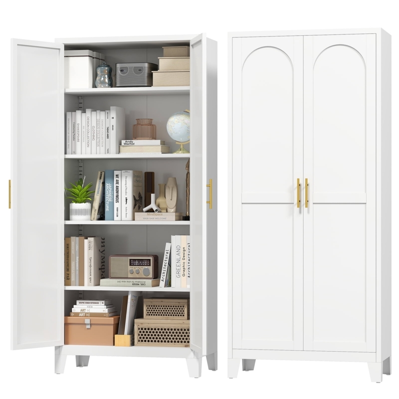 Pantry Cabinet Off-White Arched Mesh Doors with Gold Hardware