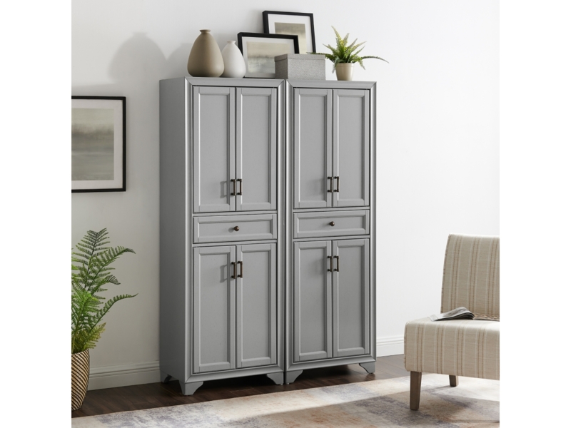Pantry Cabinet Pair in Distressed Gray featuring X-Frame Wine Racks