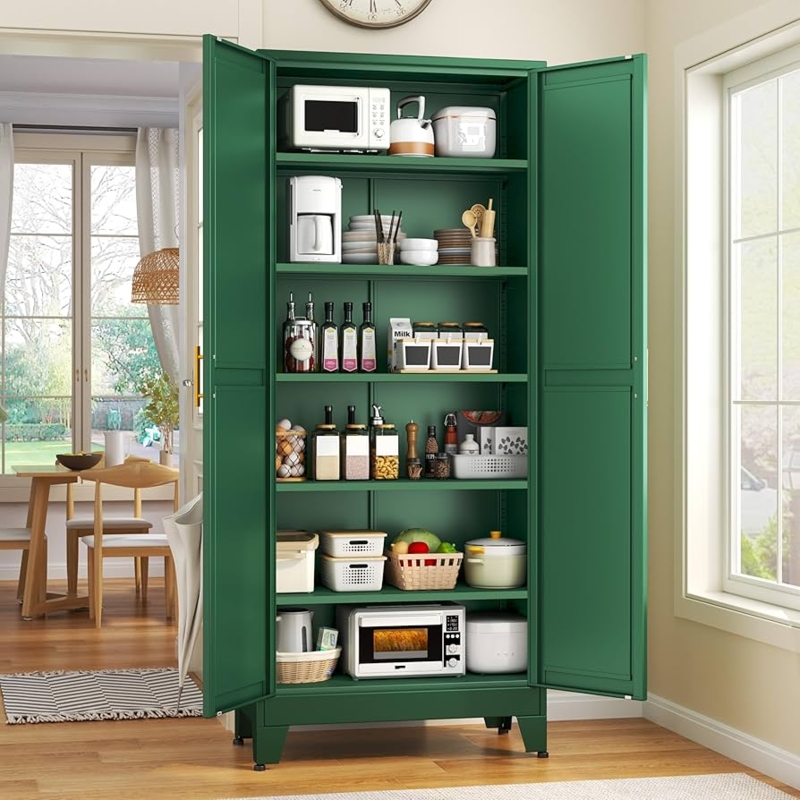 Pantry Cabinet Sage Green Shaker Style with Gold Bar Pulls