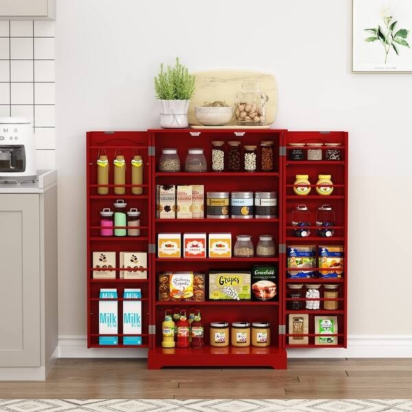 Pantry Cabinet, Slim White Four-Door Shaker Style Freestanding Unit