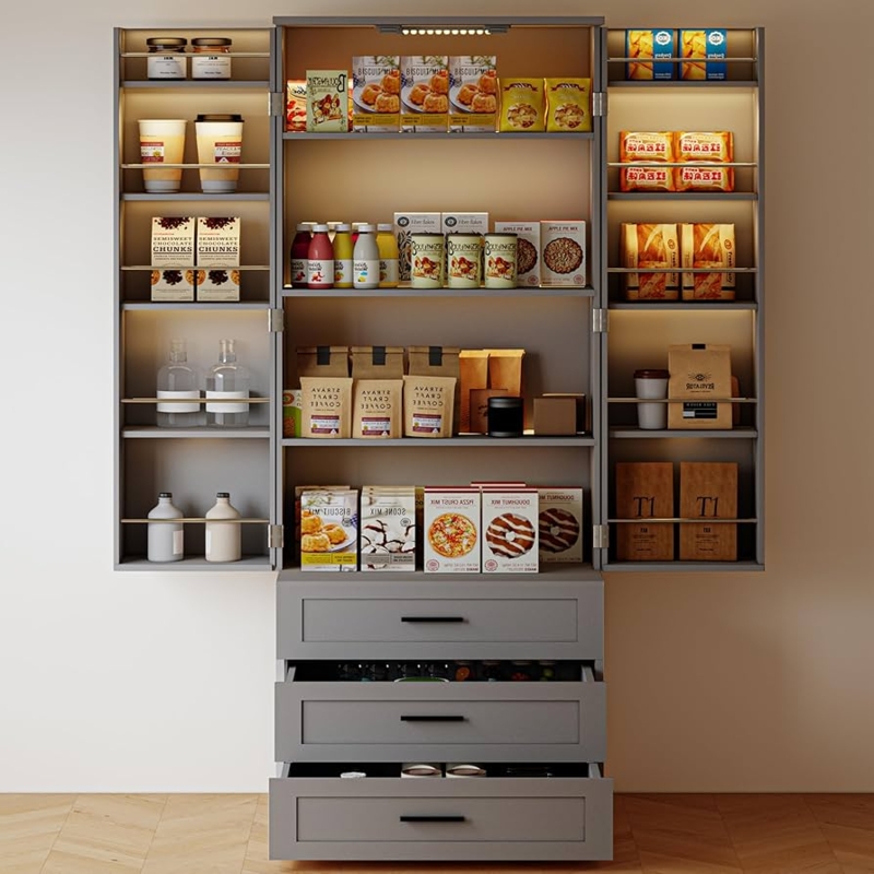 Pantry Cabinet, Tall Cupboard with Barn Doors and LED Lighting