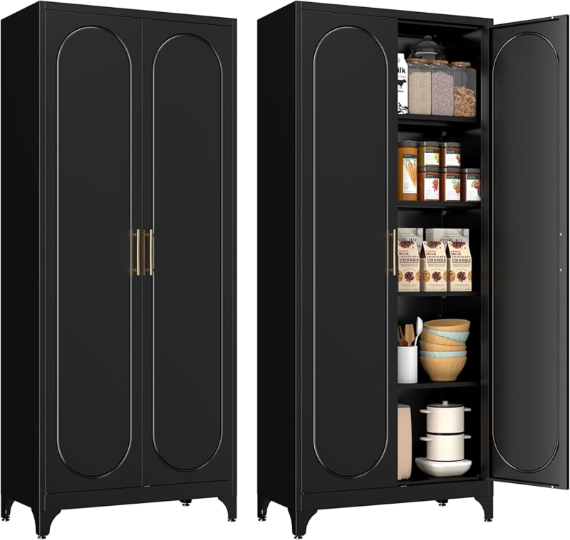 Pantry Cabinet Tall Matte Black Metal with Slim Handles Minimalist