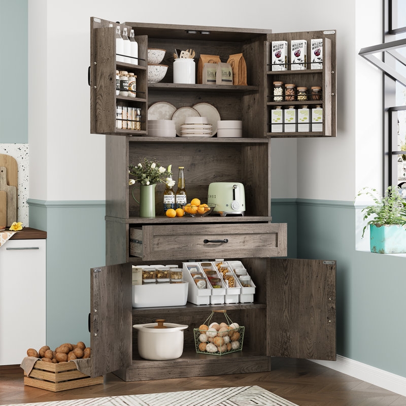 Pantry Cabinet Two-Tone White and Oak Louvered Doors