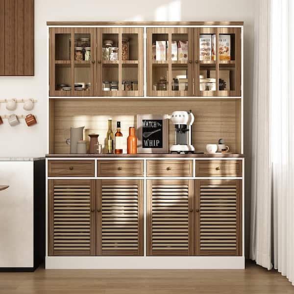 Pantry Cabinet Walnut Finish Louvered Doors Hutch Design Glass Front