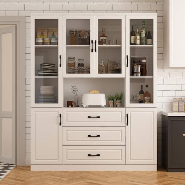 Pantry Cabinet, White Buffet Hutch with Glass Doors and Wood Countertop