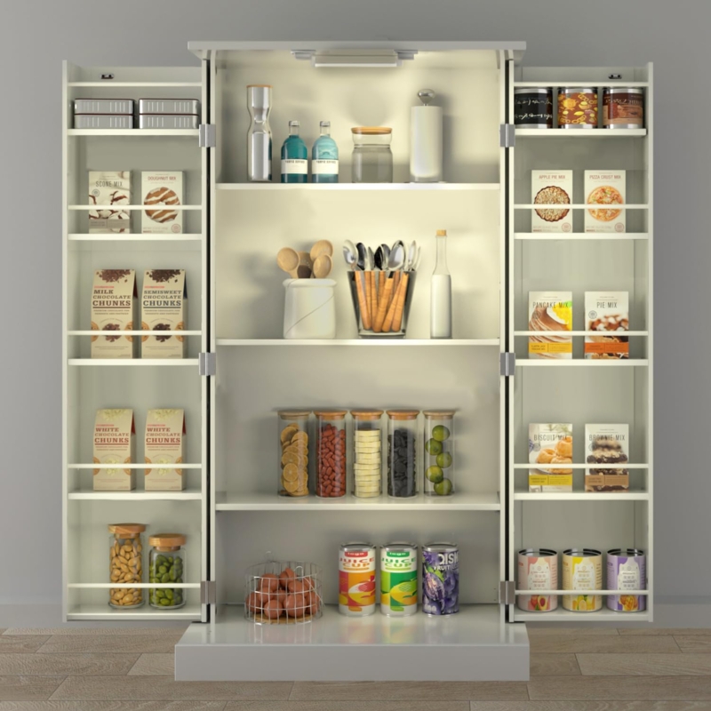 Pantry Cabinet, White Farmhouse Hutch with LED Lighting and Barn Doors