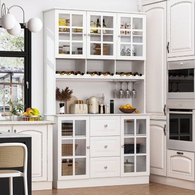 Pantry Cabinet White Farmhouse Mullion Glass Three Central Drawers.
