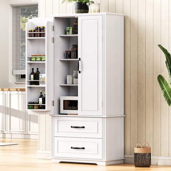 Pantry Cabinet, White Farmhouse, Open Microwave Niche, Cup Pull Hardware