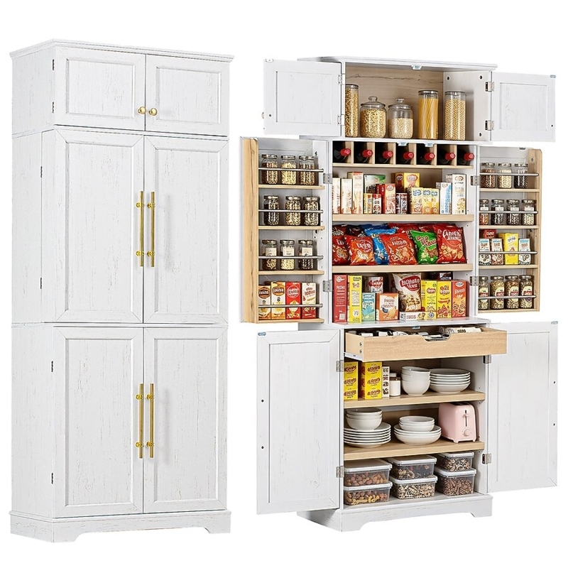 Pantry Cabinet White Farmhouse with Wine Rack and Glass Doors