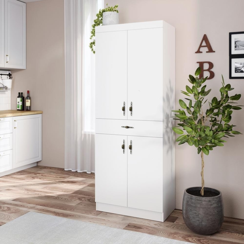 Pantry Cabinet White features Microwave Shelf Drawer and Gold Hardware