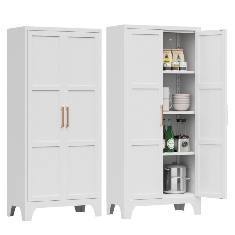 Pantry Cabinet White Fluted Metal with Gold Handles Modern Kitchen Storage