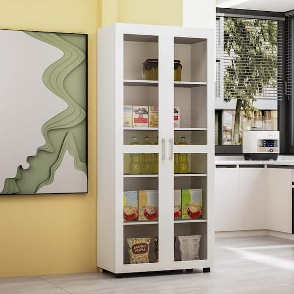 Pantry Cabinet White Glass Front Upper Doors 72-inch Height