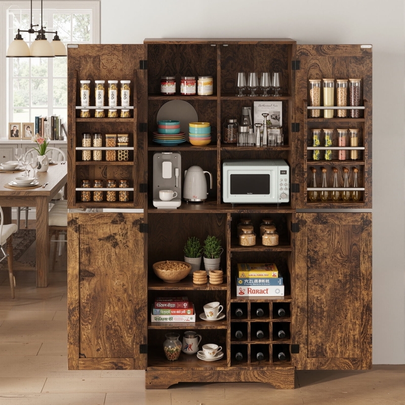 Pantry Cabinet, White Hutch with Mullion Glass Doors and Wine Storage