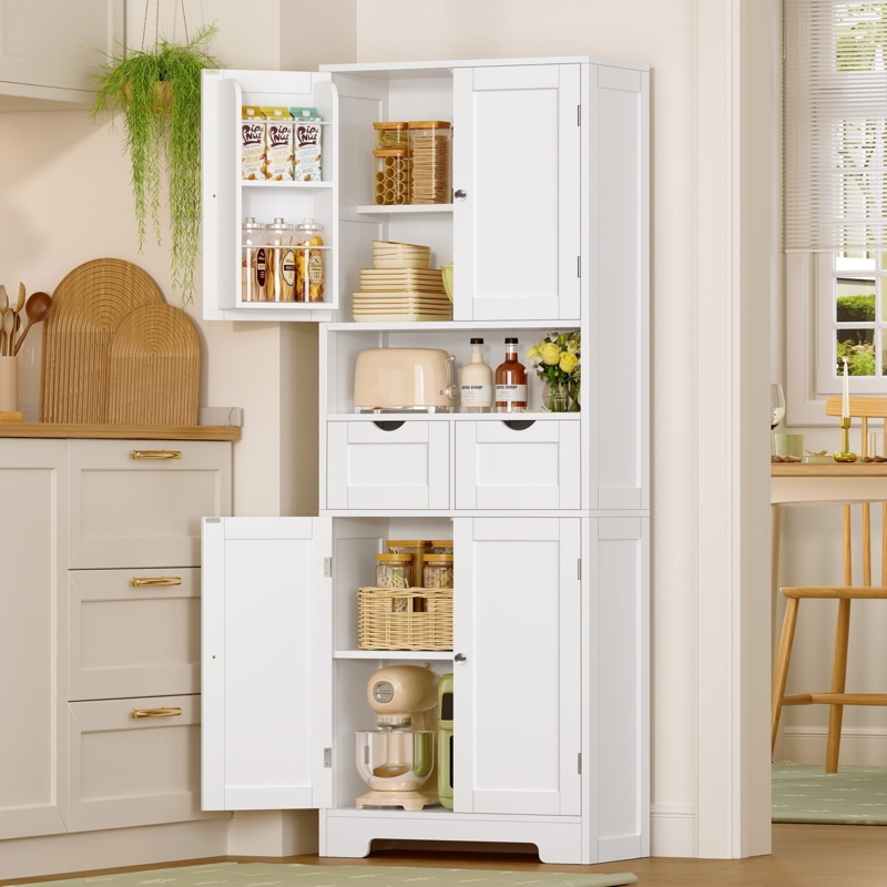 Pantry Cabinet, White Shaker, Built-In Door Racks and Double Drawers