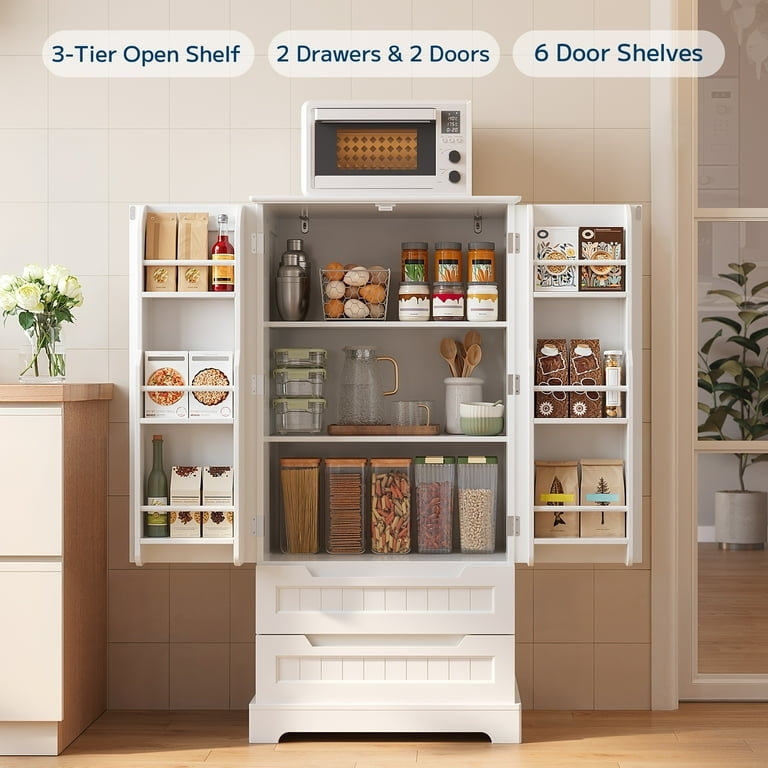 Pantry Cabinet White Shaker Style with Two Middle Drawers