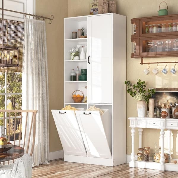 Pantry Cabinet, White Transitional with Tilt-Out Trash Bin Compartment