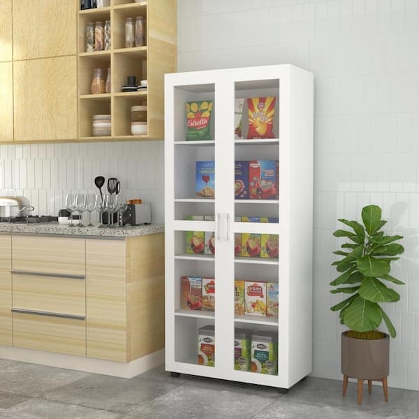 Pantry Cabinet White Windowpane Glass Doors Freestanding Unit