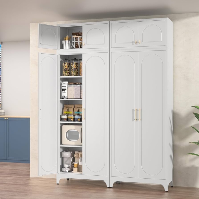 Pantry Cabinet White with Fluted Doors and Gold Hardware Transitional