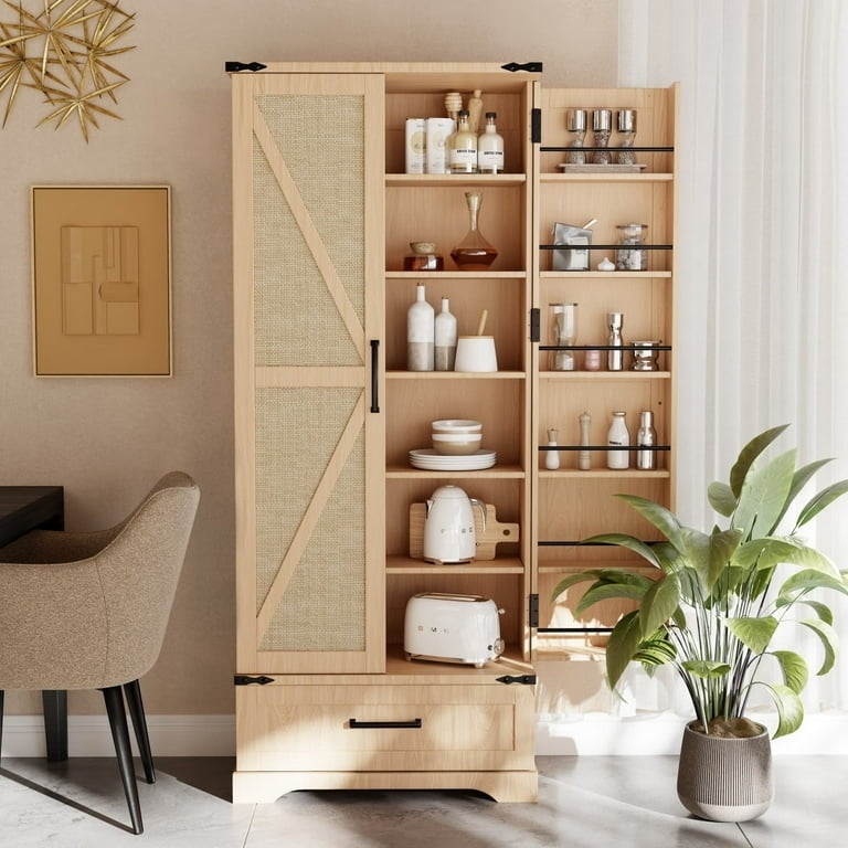 Pantry Cabinet with Cane Webbing Doors for Tall Cupboard Storage