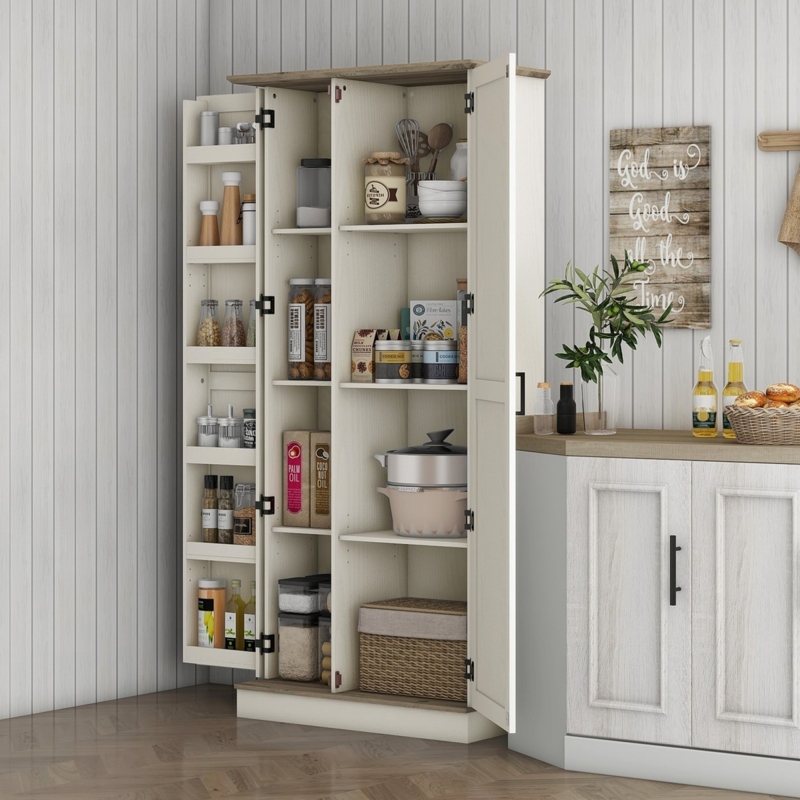 Pantry Cabinet with Door Mounted Spice Racks, White Shaker Style