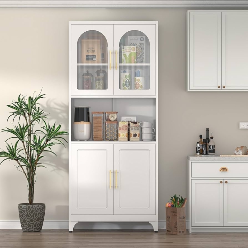 Pantry Cabinet with Fluted Acrylic Doors and Open Countertop White Hutch