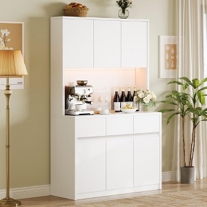 Pantry Cabinet with Glass Doors and Wood Toned Accent Niche