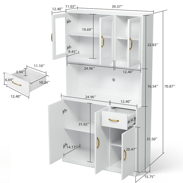 Pantry Cabinet with Microwave Shelf and Glass-Front Doors, White Finish