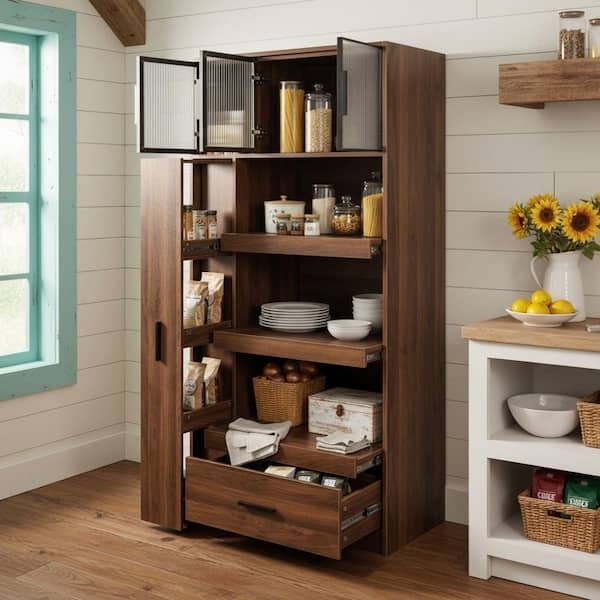 Pantry Cabinet with Pull-Out Shelf, Two-Tone Walnut and White