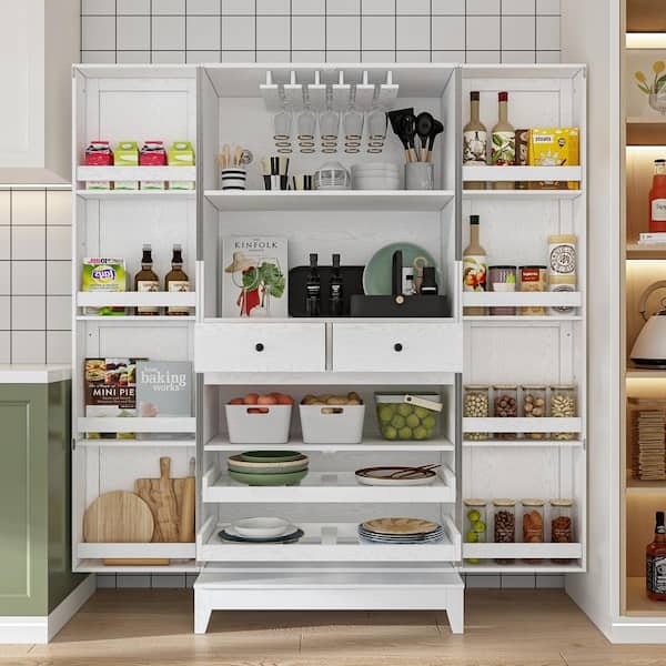 Pantry Cabinet with Pull Out Wine Rack and Glass Display Doors