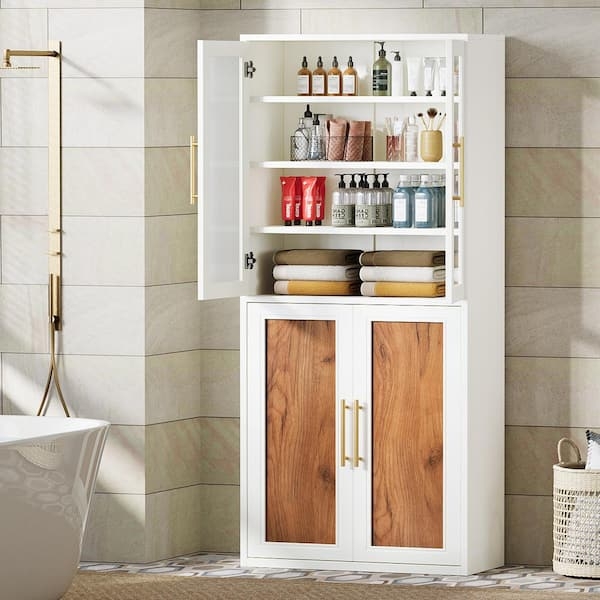 Pantry Cabinet with Ribbed Doors and Gold-Toned Legs, Modern Glam