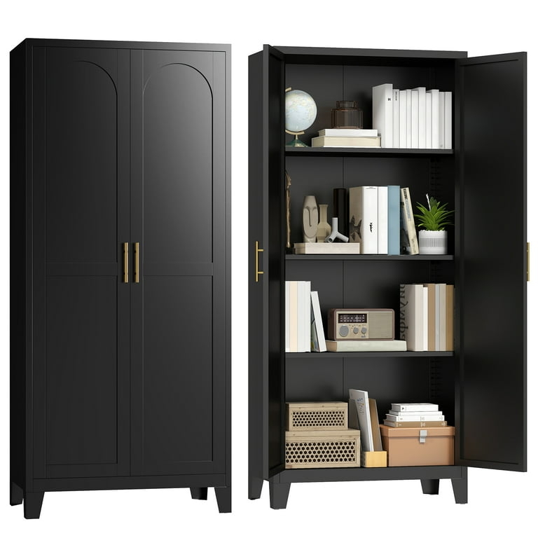 Pantry Cabinet with Shapely Door Cutouts Matte Black Metal Gold Pulls