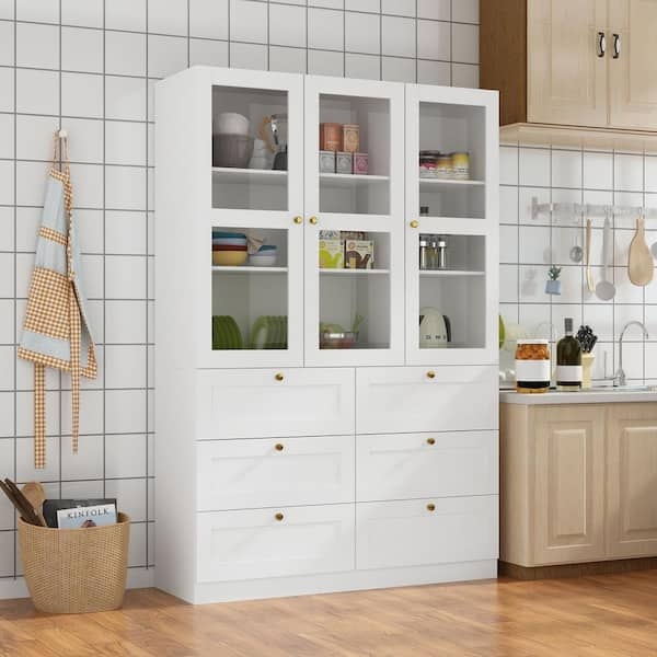 Pantry Cabinet with Six Drawers, White Shaker Style Kitchen Pantry