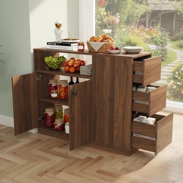 Pantry Cabinet with Sliding Glass Doors and Windowpane Grid, Brown