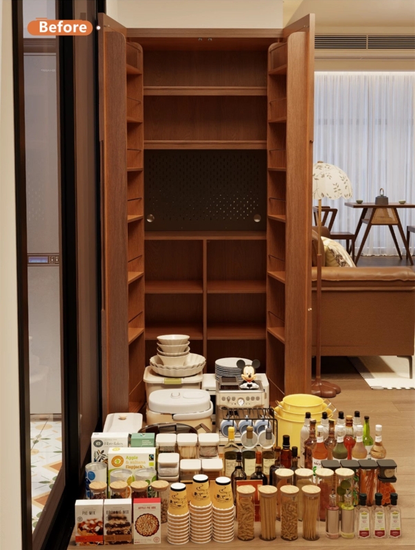Pantry Cabinet Wood Finish with Glass Panes and Drawer