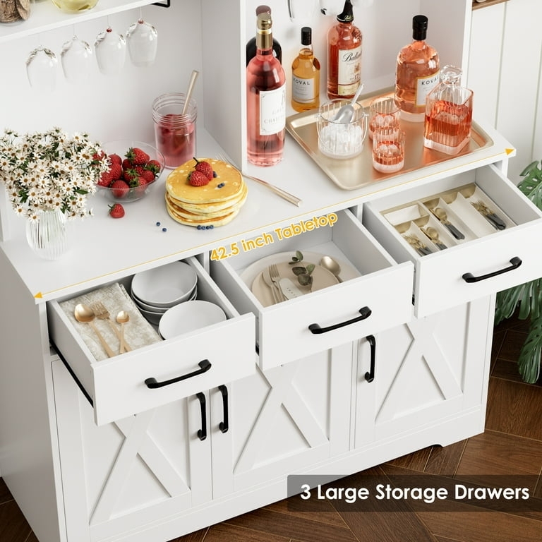 Pantry Hutch Cabinet with Microwave Nook and Contrasting Countertop